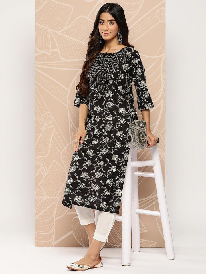 Black Yoke Design Cotton Straight Kurta - Libas