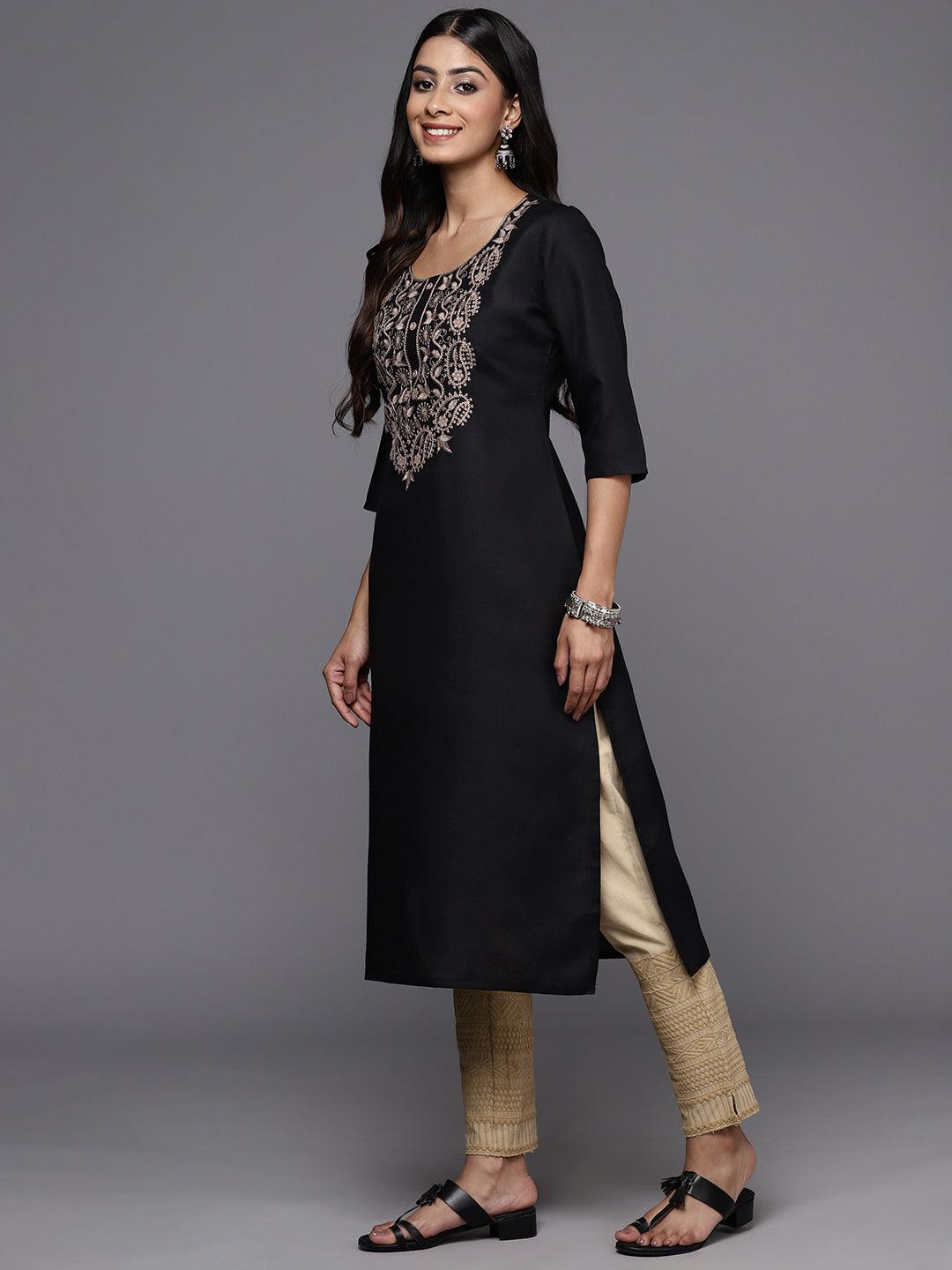 Black Yoke Design Cotton Straight Kurta - Libas