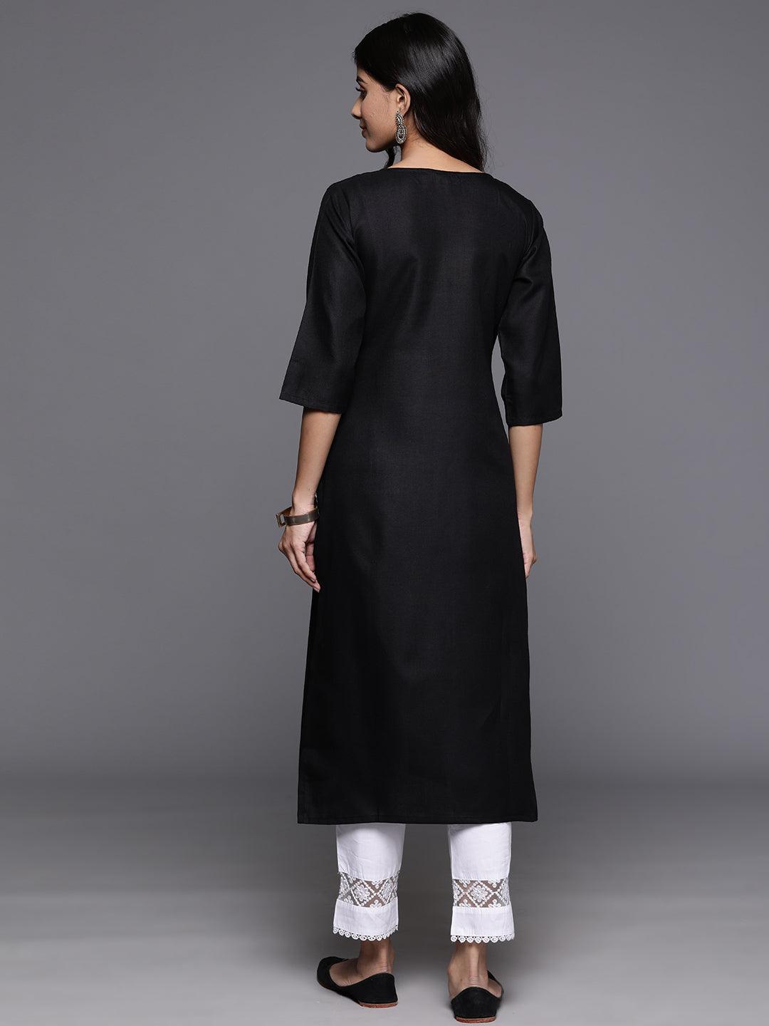 Black Yoke Design Cotton Straight Kurta - Libas