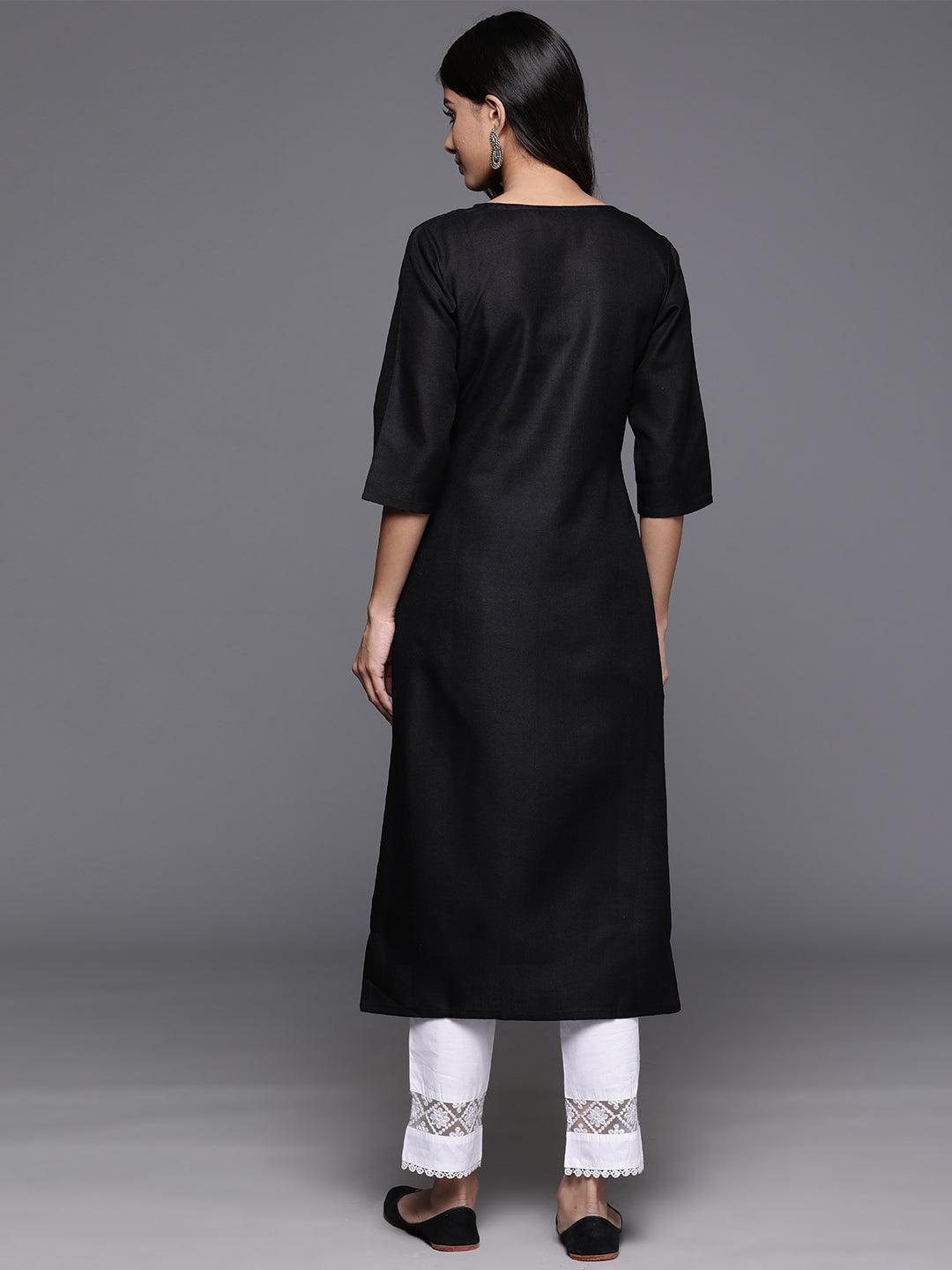 Black Yoke Design Cotton Straight Kurta - Libas