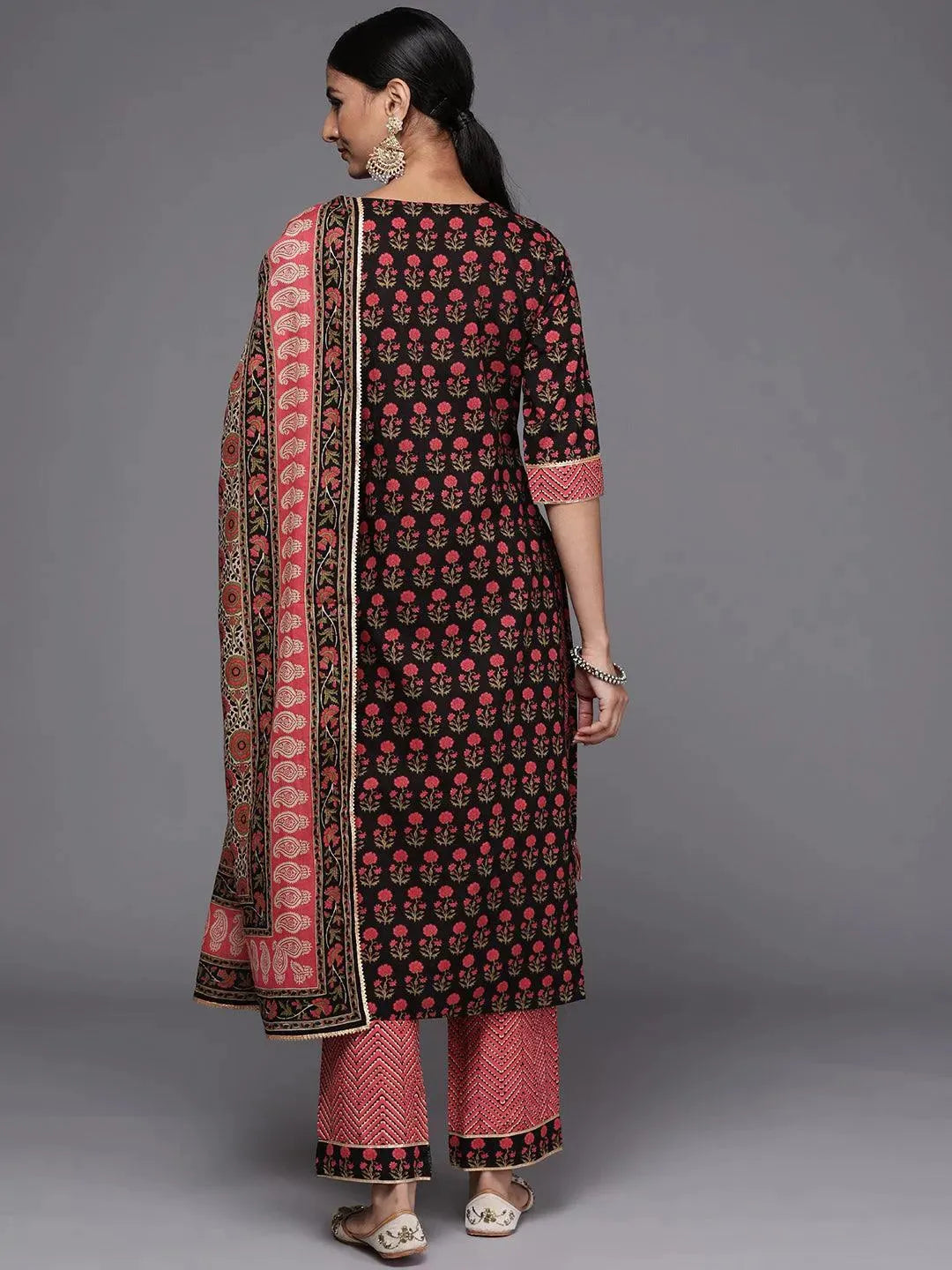 

Black Yoke Design Cotton Straight Kurta With Trousers & Dupatta