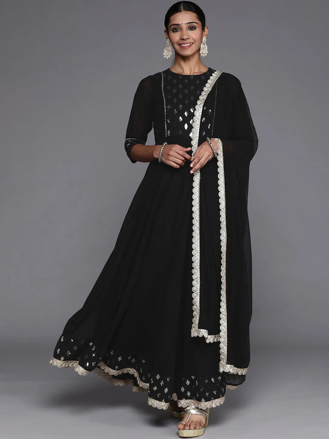 Black Yoke Design Georgette Anarkali Suit Set With Churidar - Libas 