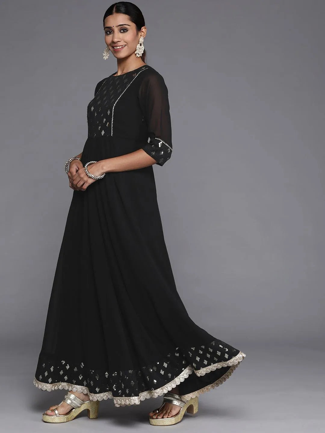 Black Yoke Design Georgette Anarkali Suit Set With Churidar - Libas 