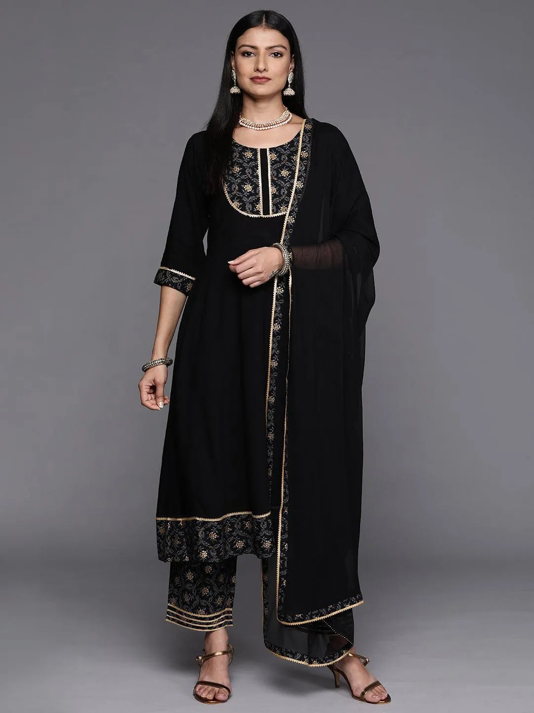 Black Yoke Design Rayon A-Line Suit Set With Trousers - Libas