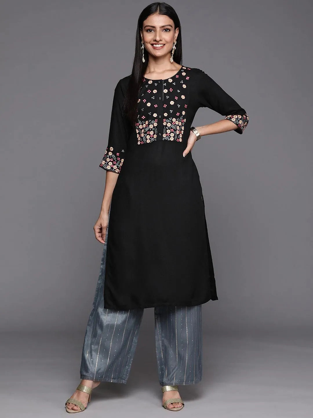 Black Yoke Design Rayon Straight Kurta - Libas