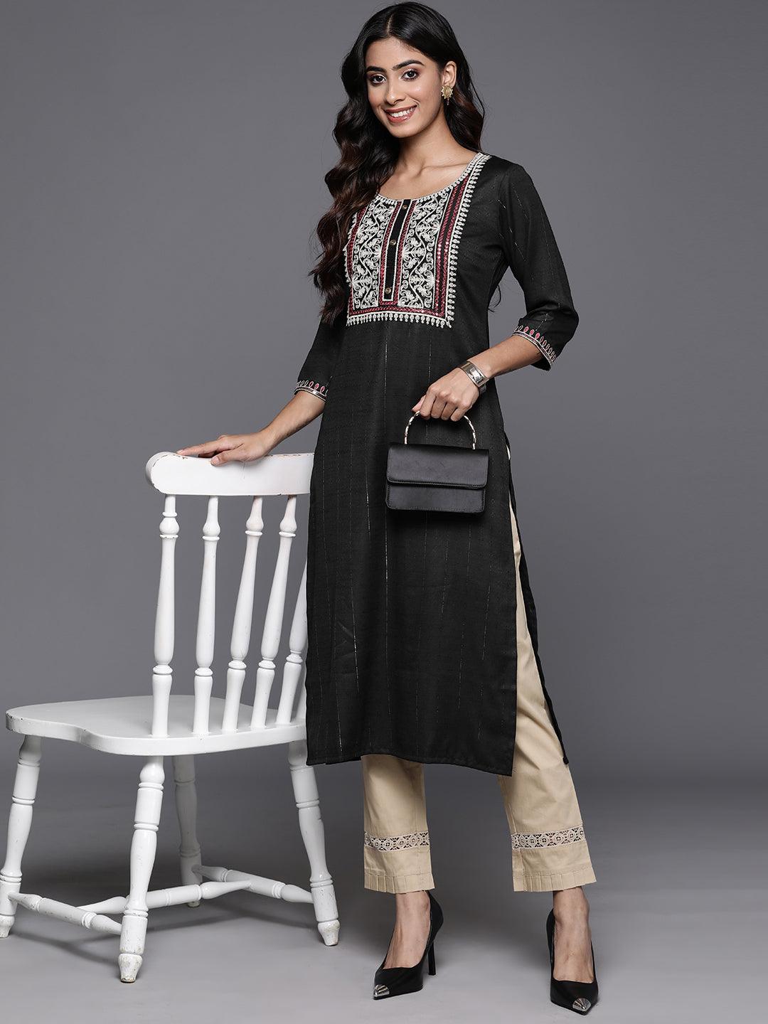 Black Yoke Design Rayon Straight Kurta - Libas