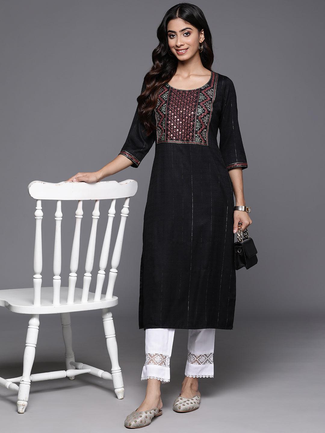 Black Yoke Design Rayon Straight Kurta - Libas