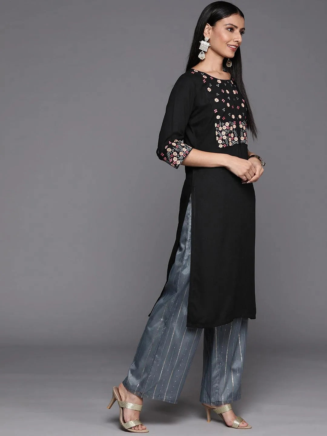 Black Yoke Design Rayon Straight Kurta - Libas