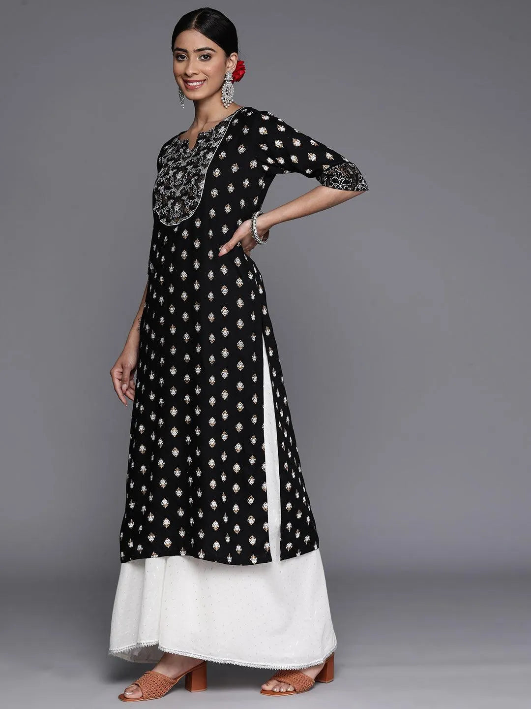 Black Yoke Design Rayon Straight Kurta - Libas