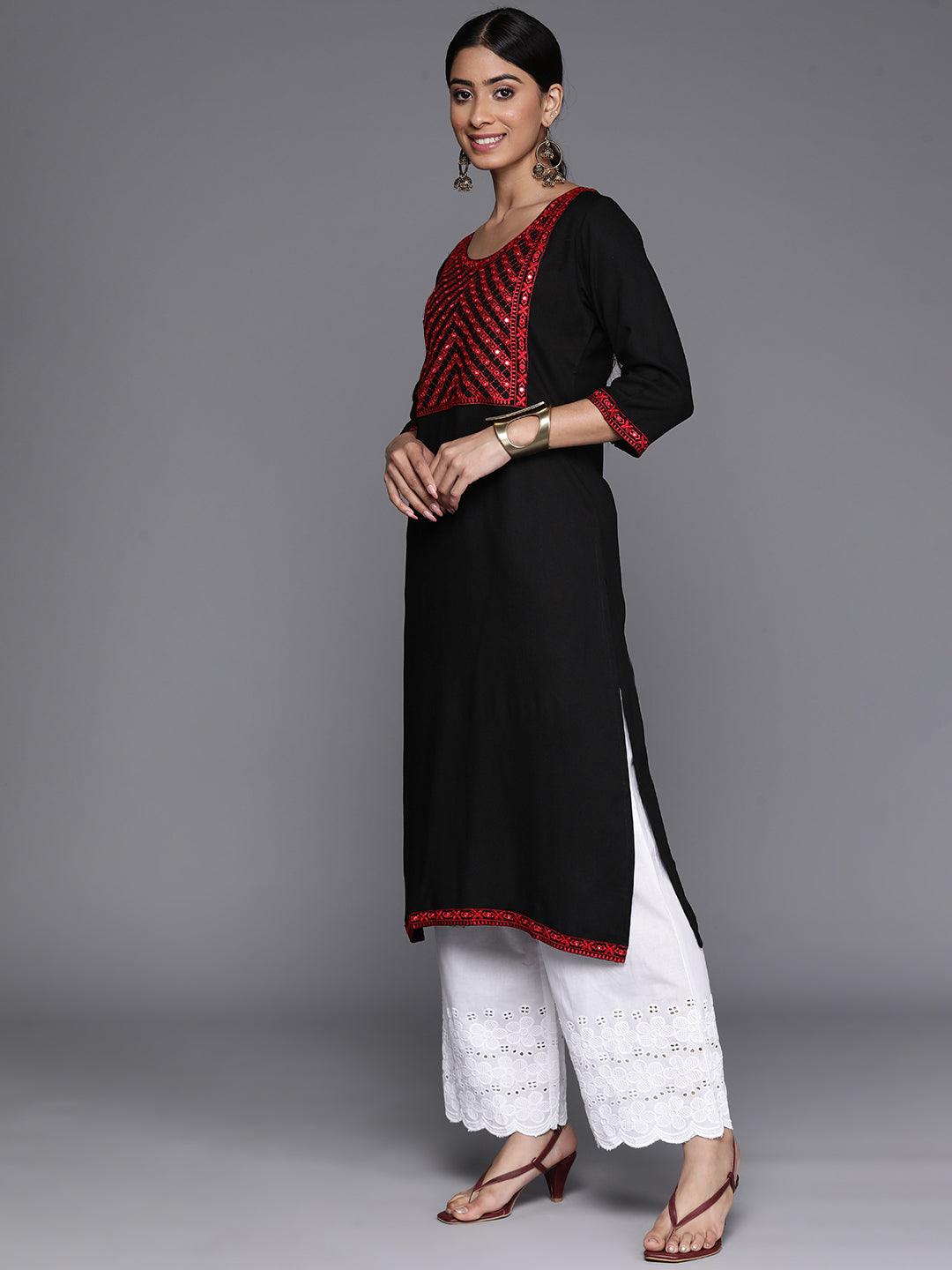 Black Yoke Design Rayon Straight Kurta - Libas 