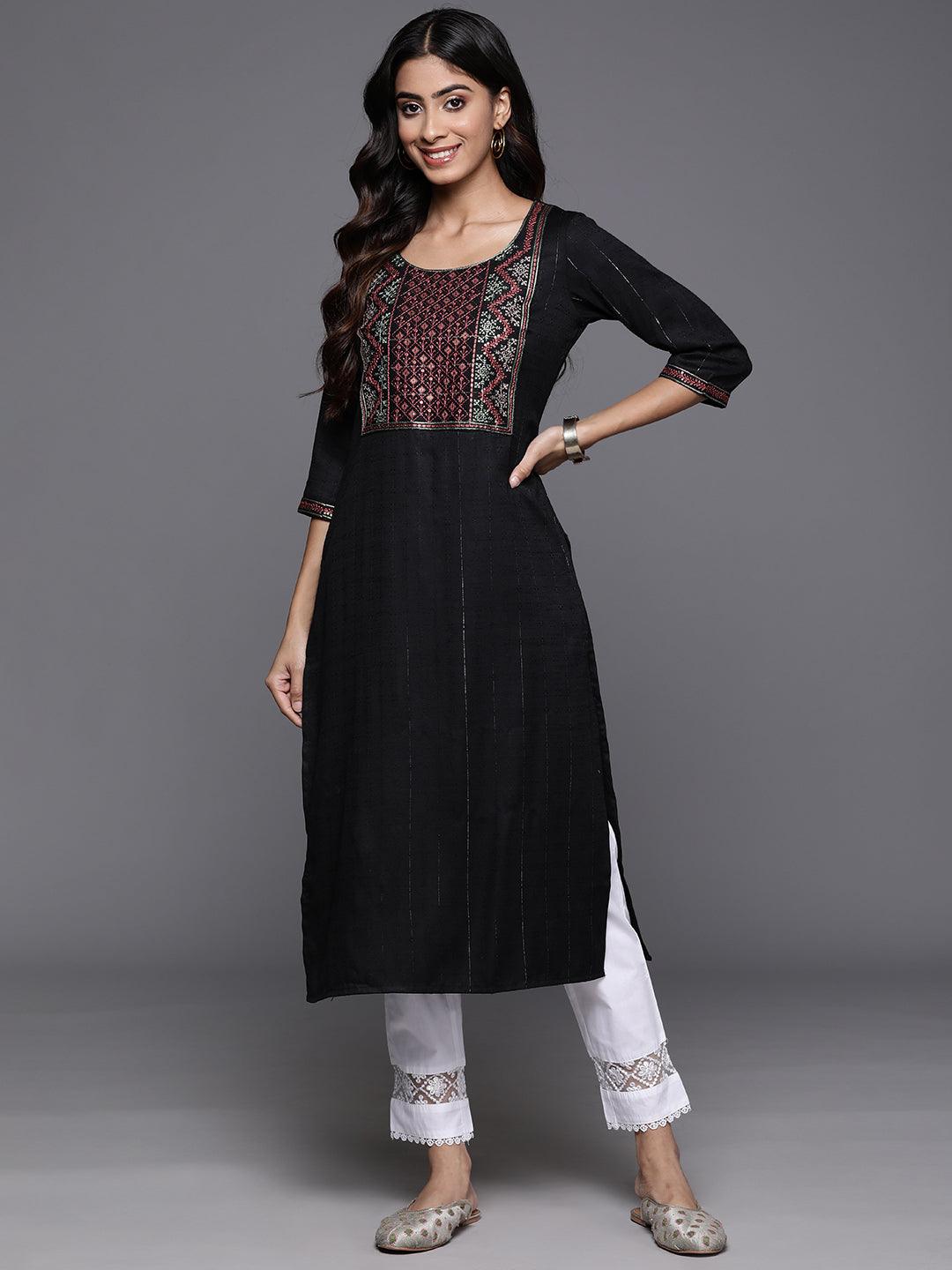 Black Yoke Design Rayon Straight Kurta - Libas