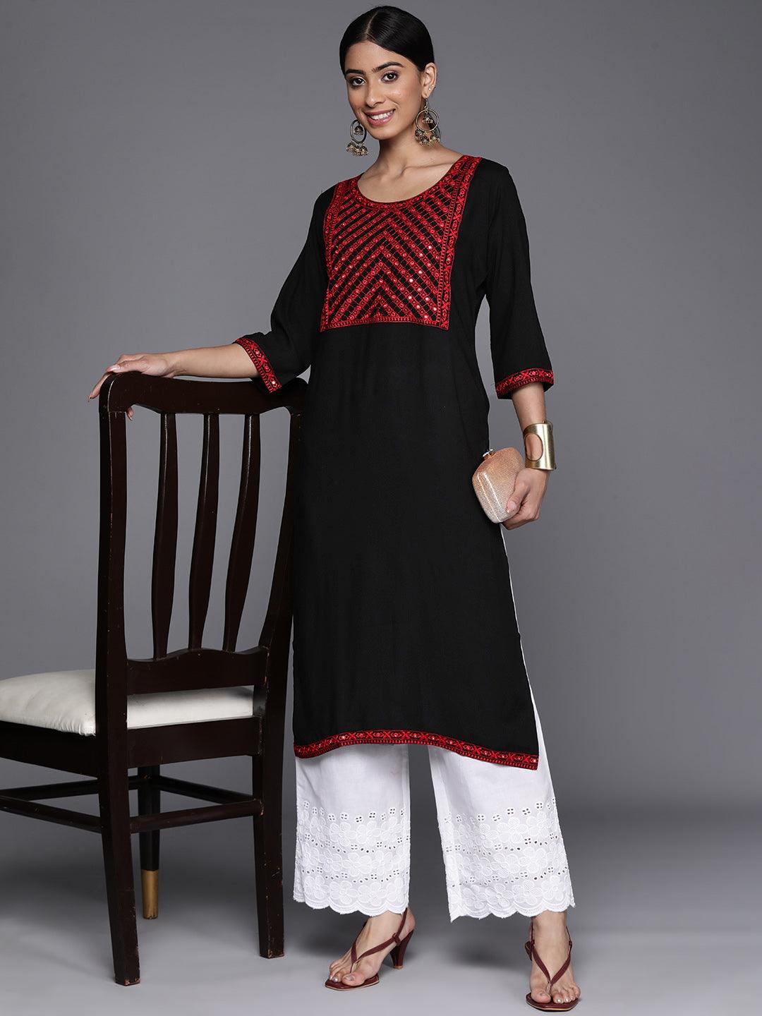 Black Yoke Design Rayon Straight Kurta - Libas 