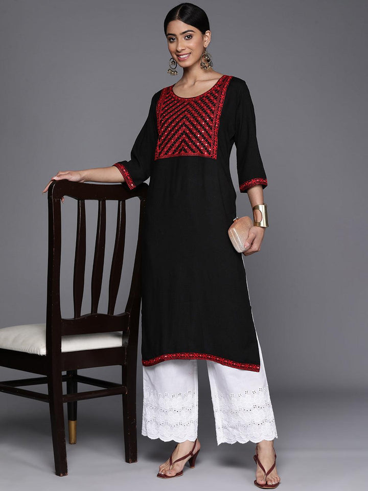 Black Yoke Design Rayon Straight Kurta - Libas