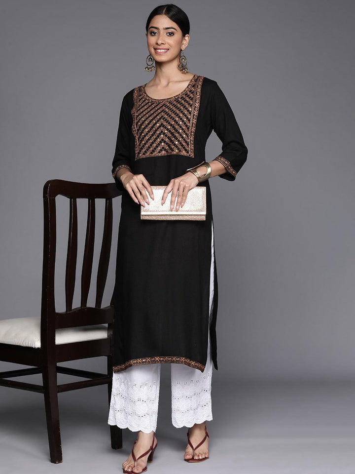 Black Yoke Design Rayon Straight Kurta - Libas