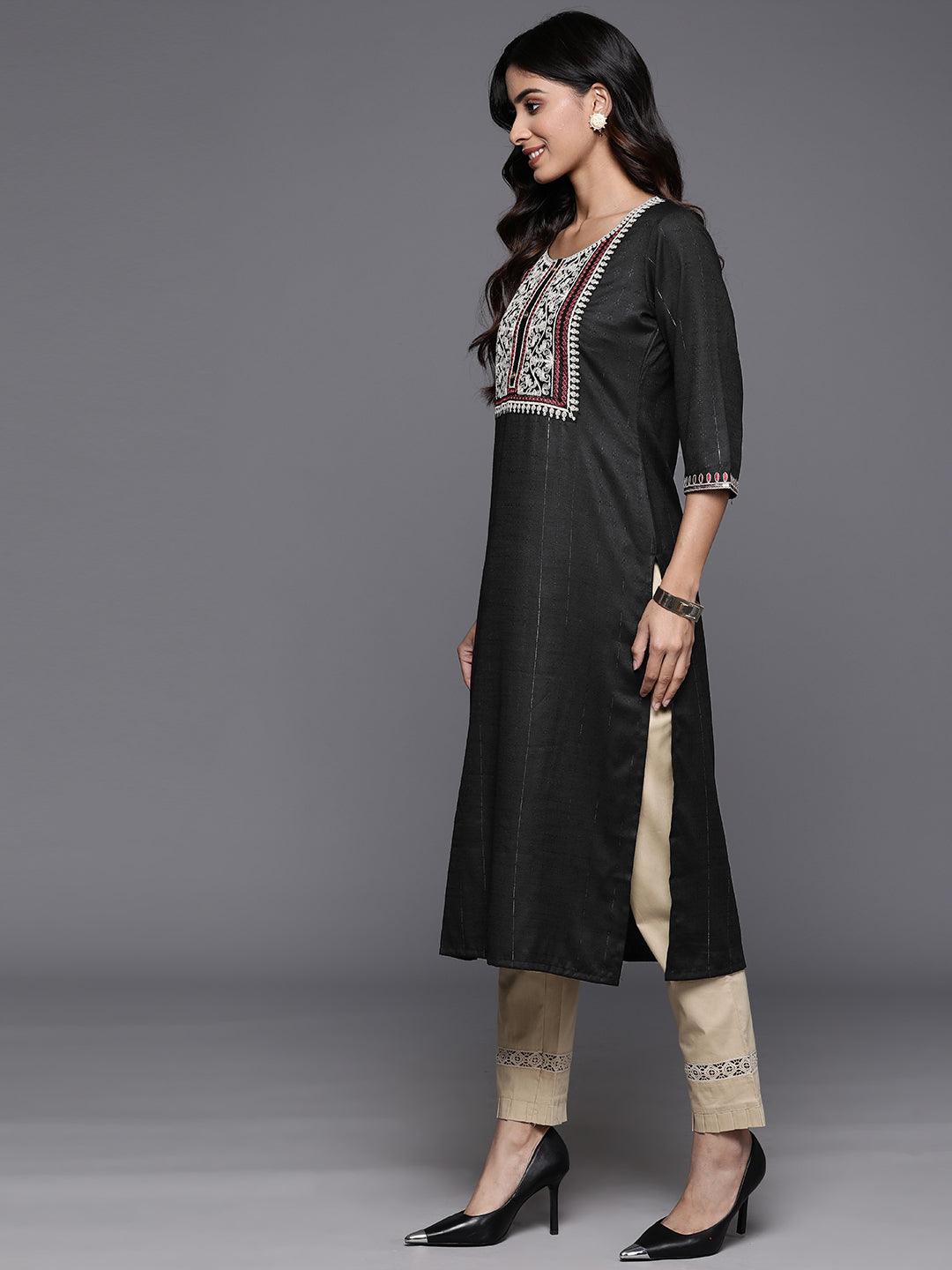 Black Yoke Design Rayon Straight Kurta - Libas