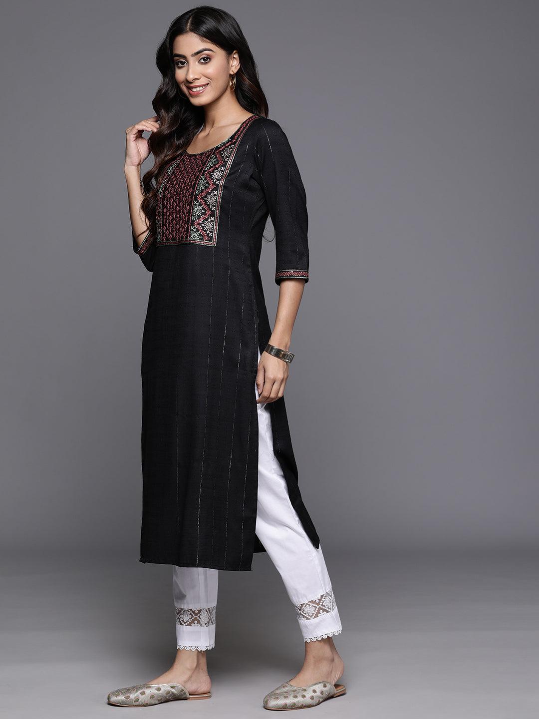 Black Yoke Design Rayon Straight Kurta - Libas