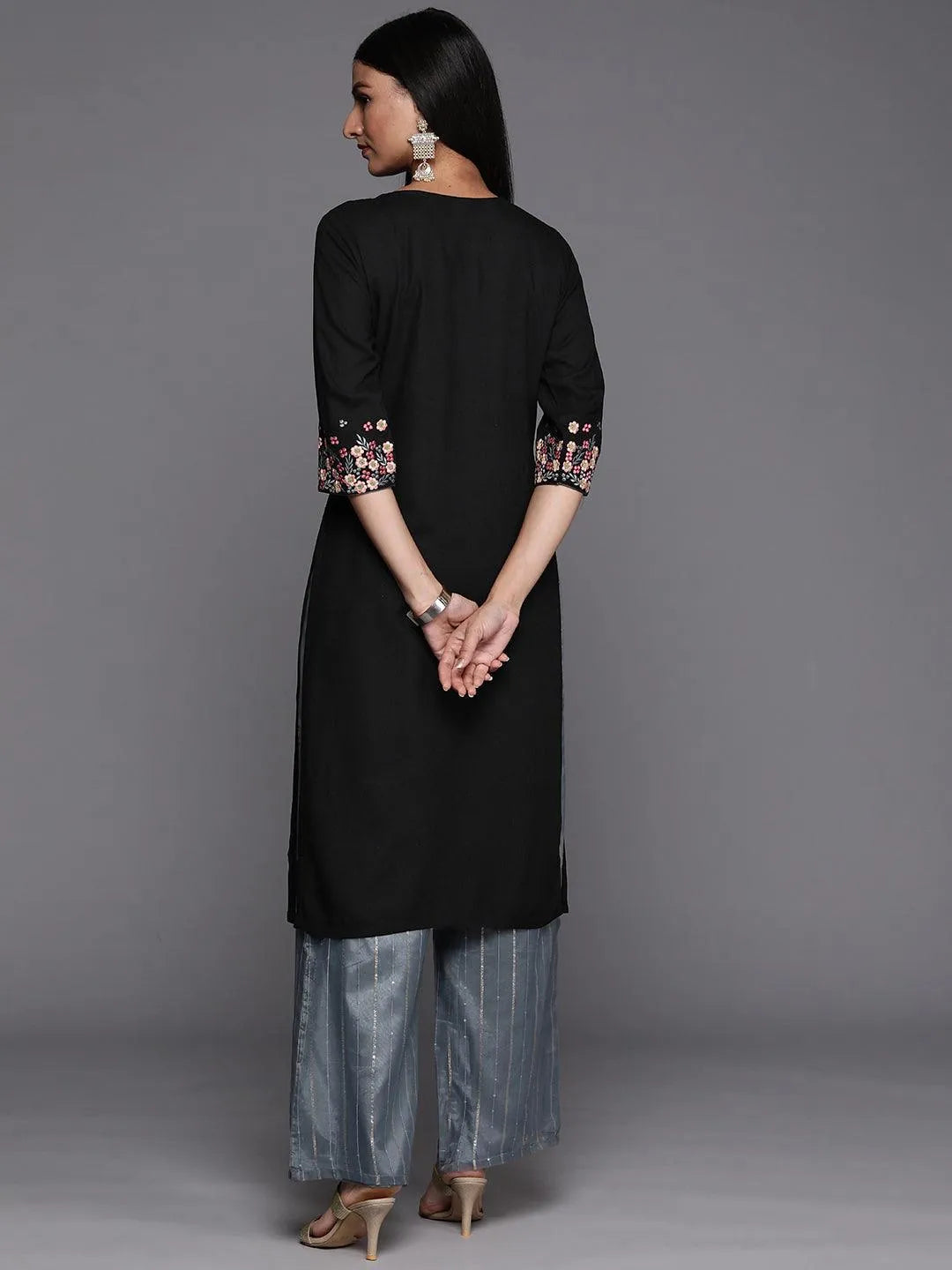 Black Yoke Design Rayon Straight Kurta - Libas