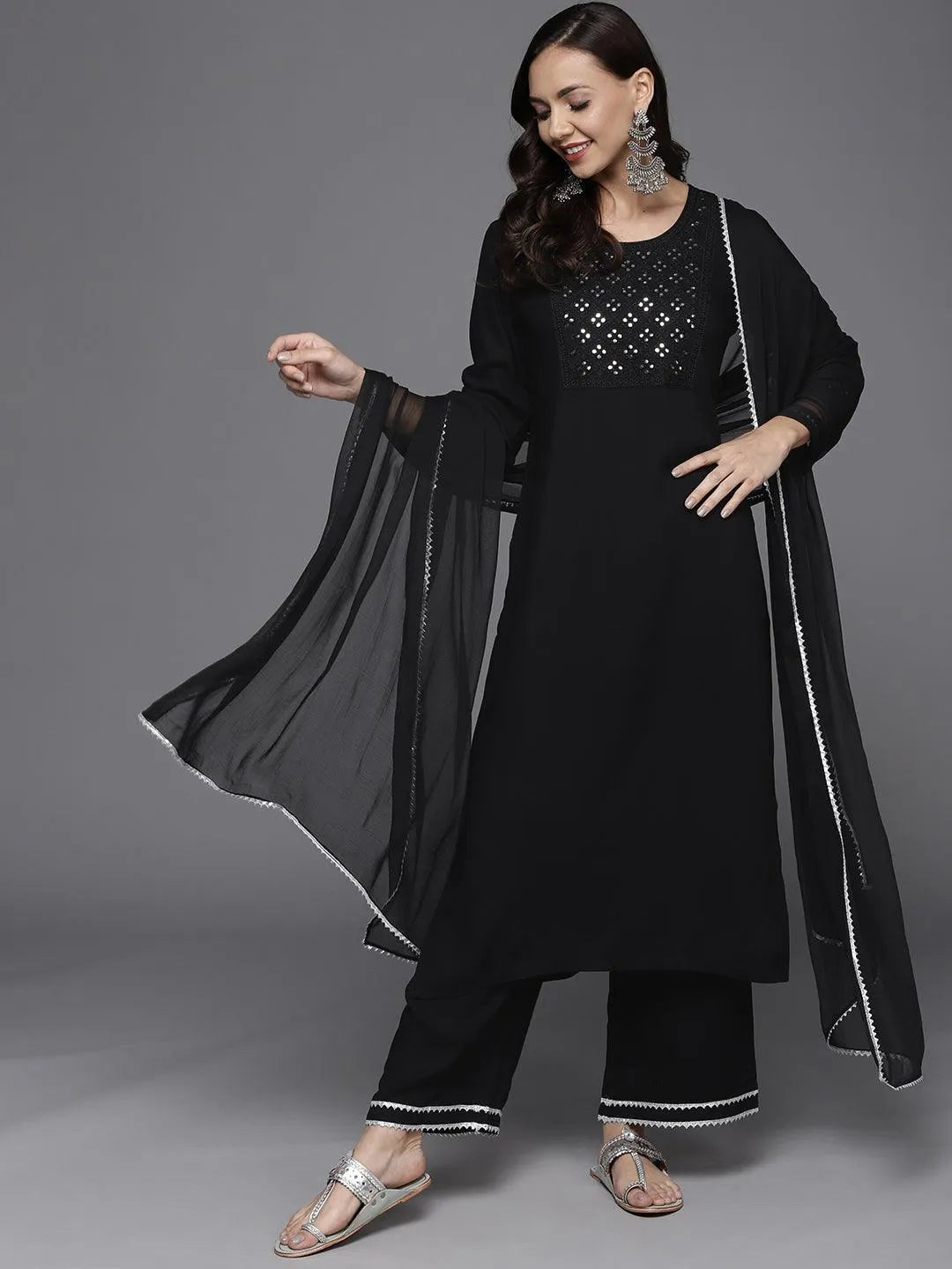 Black Yoke Design Rayon Suit Set - Libas 