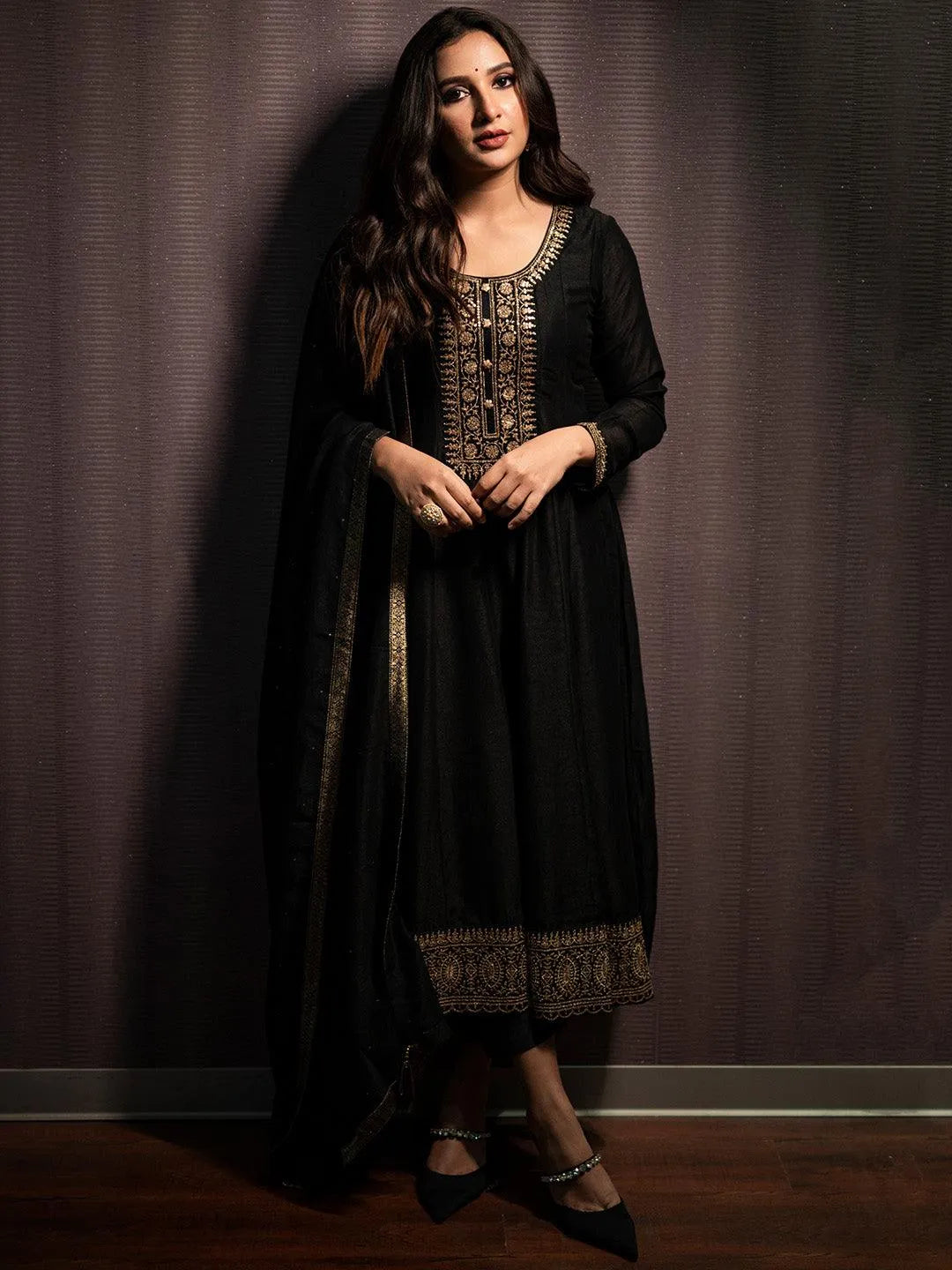 Black Yoke Design Silk Blend Anarkali Suit Set - Libas 