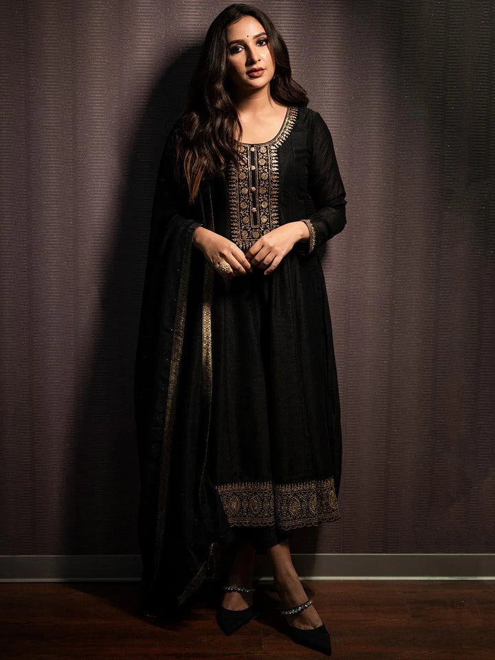 Black Yoke Design Silk Blend Anarkali Suit Set - Libas