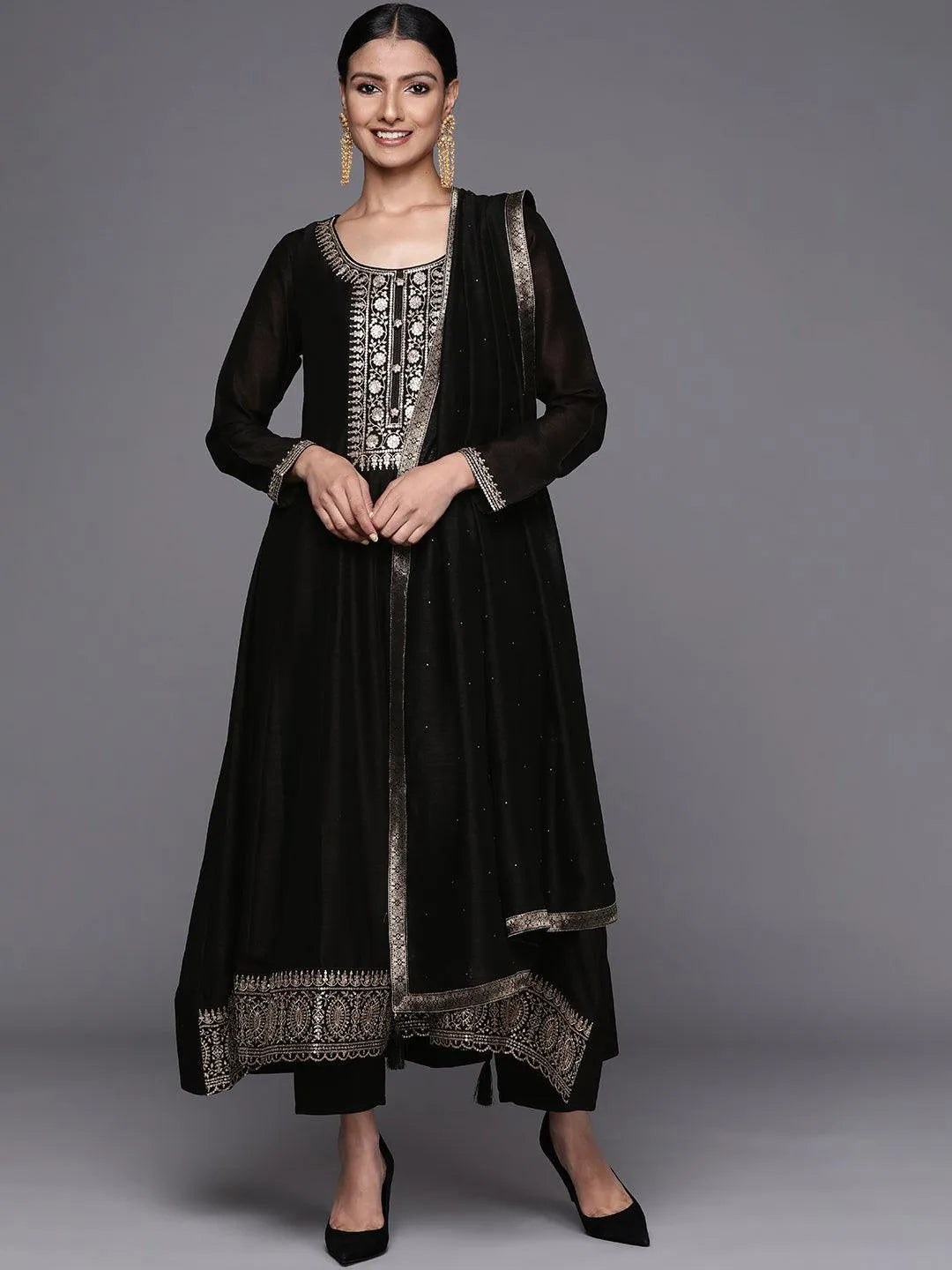 Black Yoke Design Silk Blend Anarkali Suit Set - Libas 