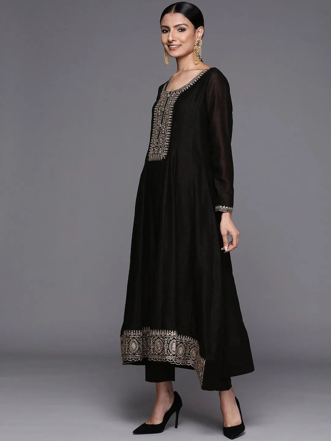 Black Yoke Design Silk Blend Anarkali Suit Set - Libas 