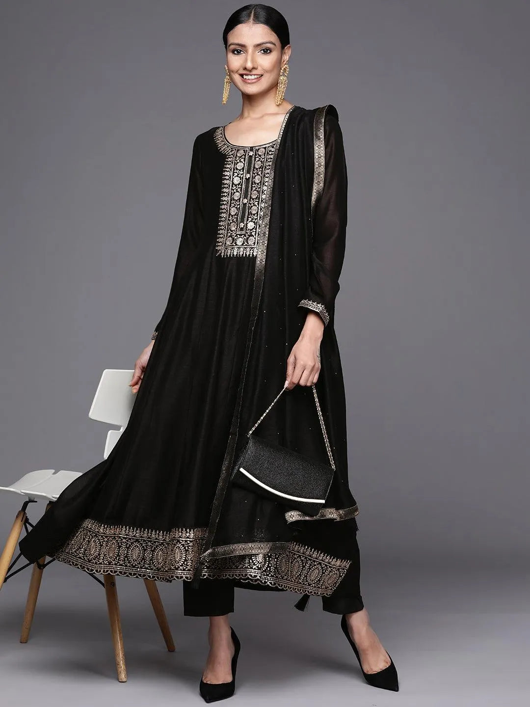 Black Yoke Design Silk Blend Anarkali Suit Set - Libas 