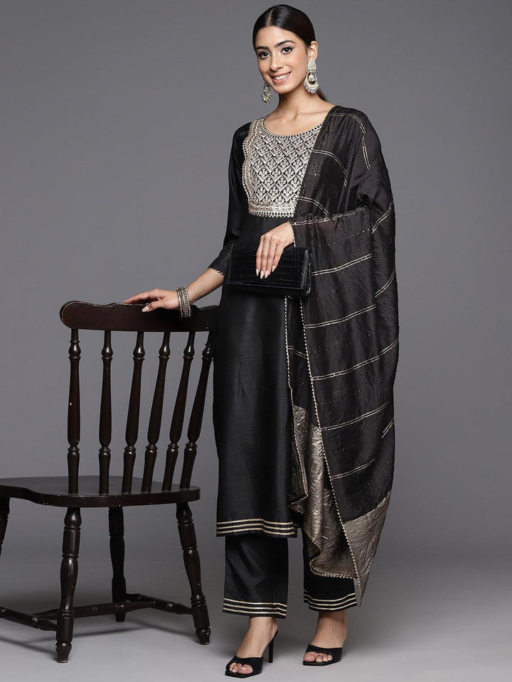 Black Yoke Design Silk Blend Straight Kurta With Palazzos & Dupatta - Libas