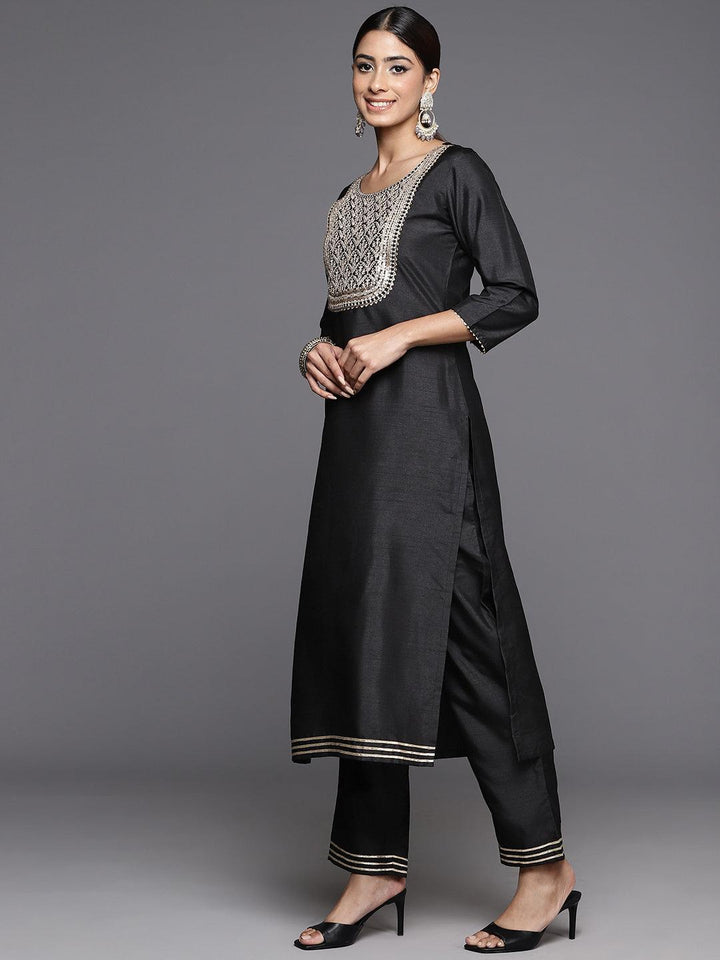 Black Yoke Design Silk Blend Straight Kurta With Palazzos & Dupatta - Libas