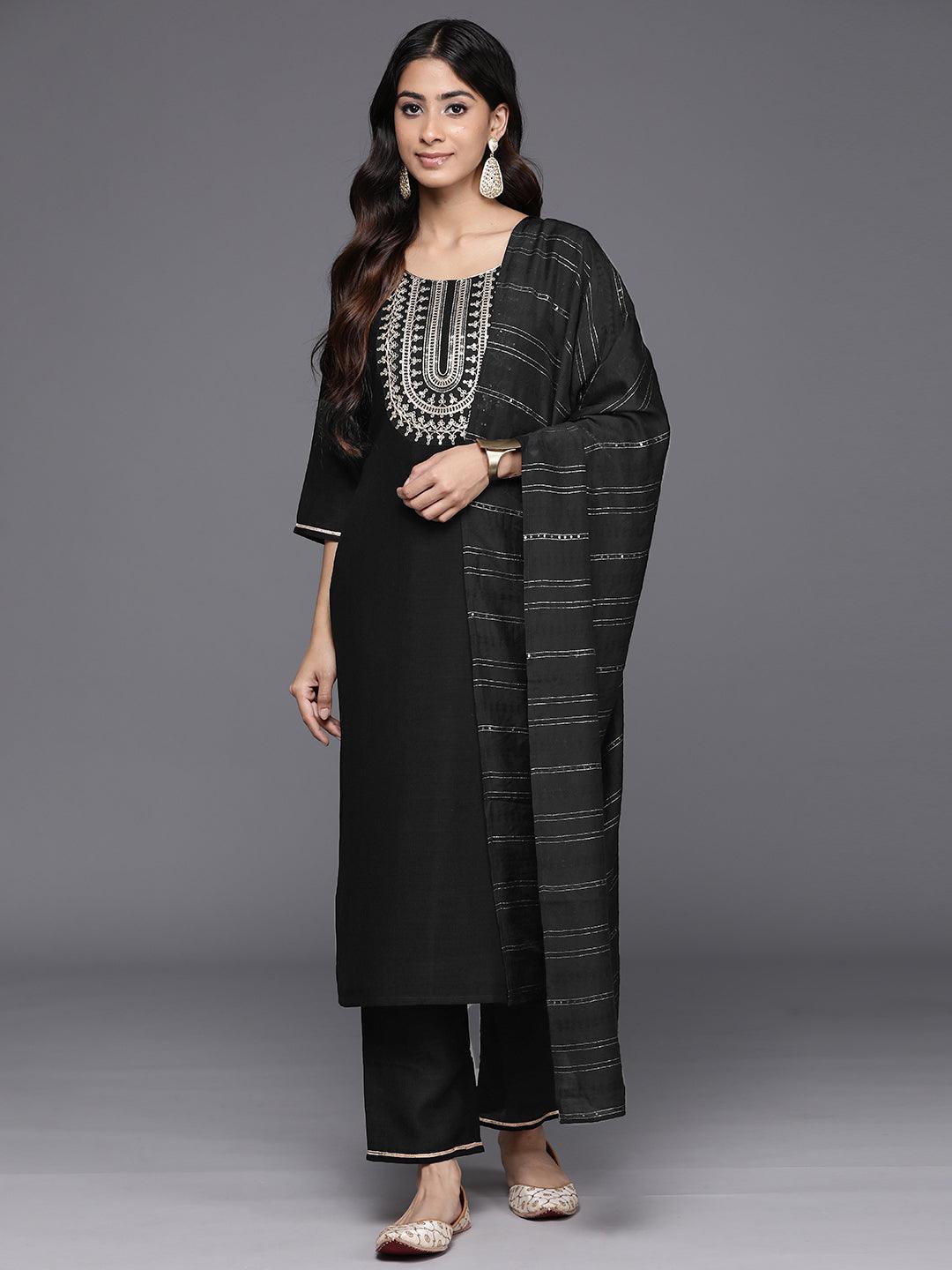 Black Yoke Design Silk Blend Straight Kurta With Trousers & Dupatta - Libas 