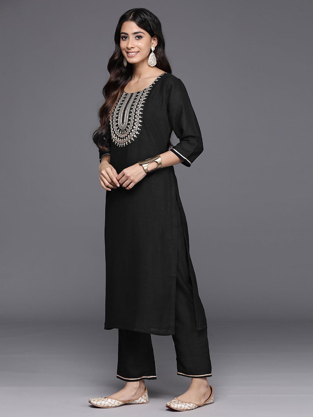 Black Yoke Design Silk Blend Straight Kurta With Trousers & Dupatta - Libas 