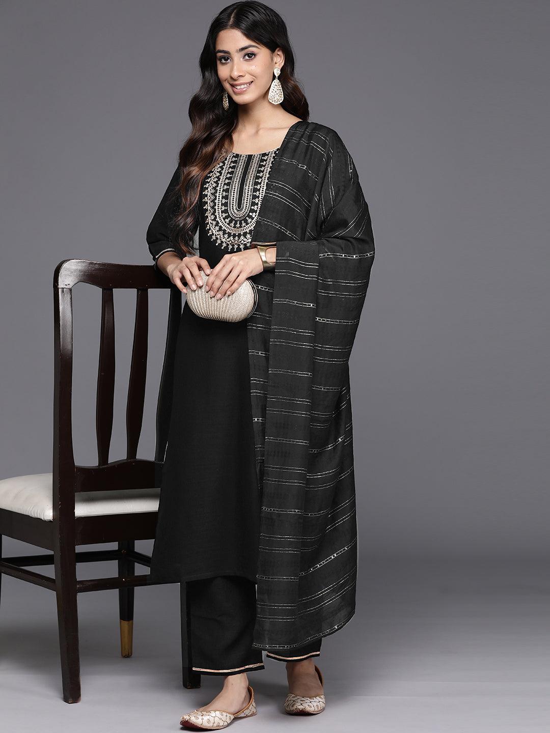 Black Yoke Design Silk Blend Straight Kurta With Trousers & Dupatta - Libas 