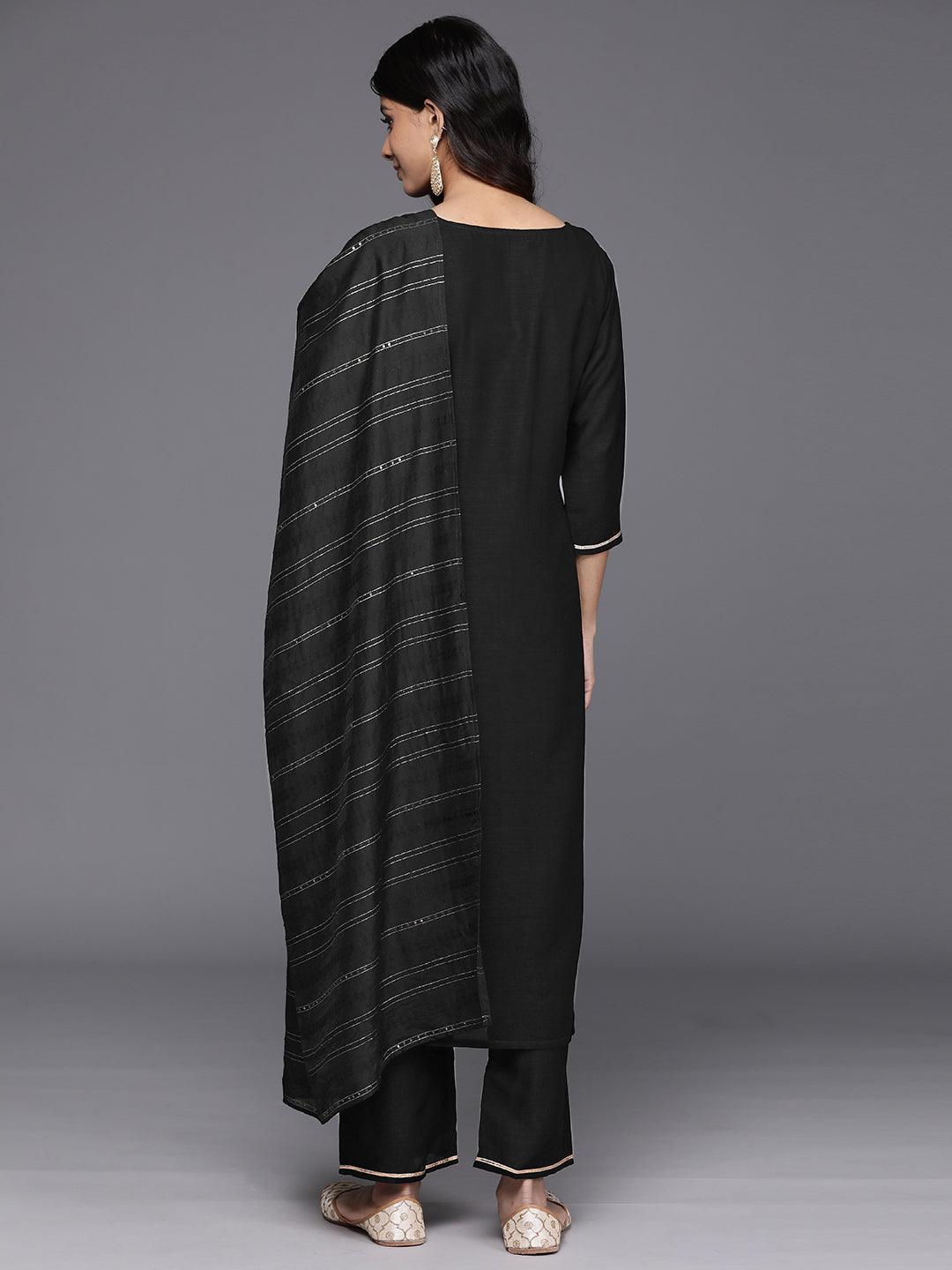 Black Yoke Design Silk Blend Straight Kurta With Trousers & Dupatta - Libas 