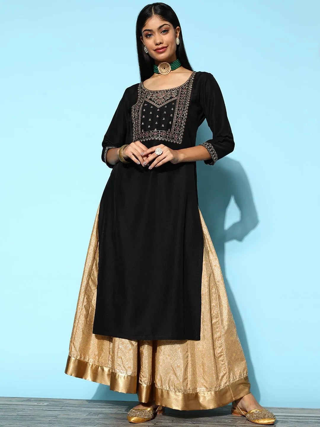 Black Yoke Design Silk Straight Kurta - Libas 