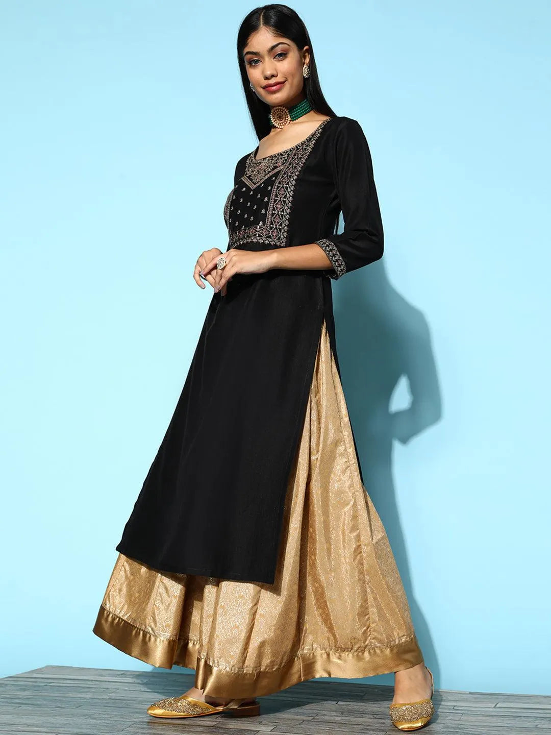 Black Yoke Design Silk Straight Kurta - Libas