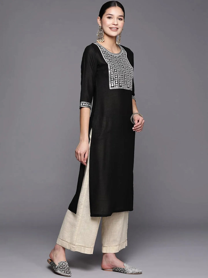 Black Yoke Design Silk Straight Kurta - Libas