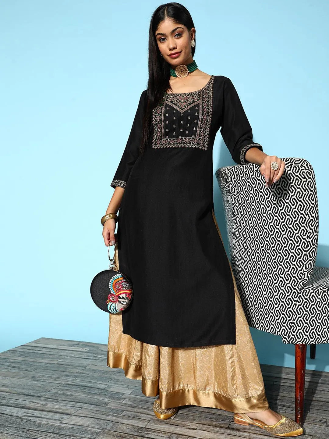 Black Yoke Design Silk Straight Kurta - Libas 