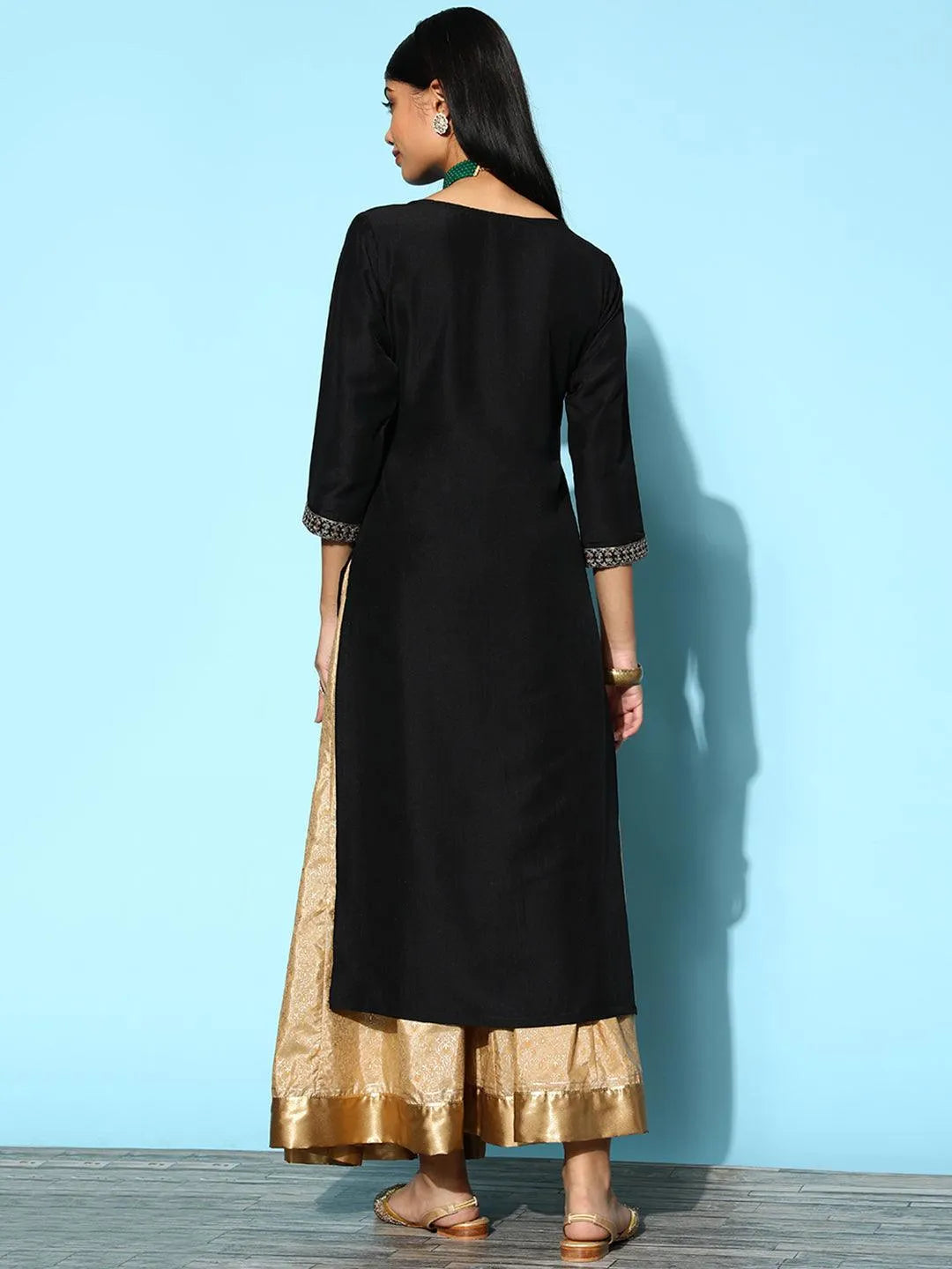 Black Yoke Design Silk Straight Kurta - Libas 