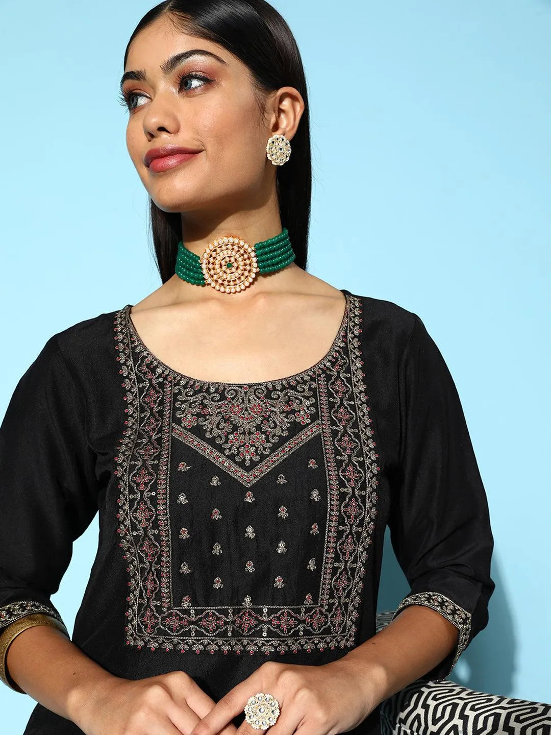 Black Yoke Design Silk Straight Kurta - Libas 