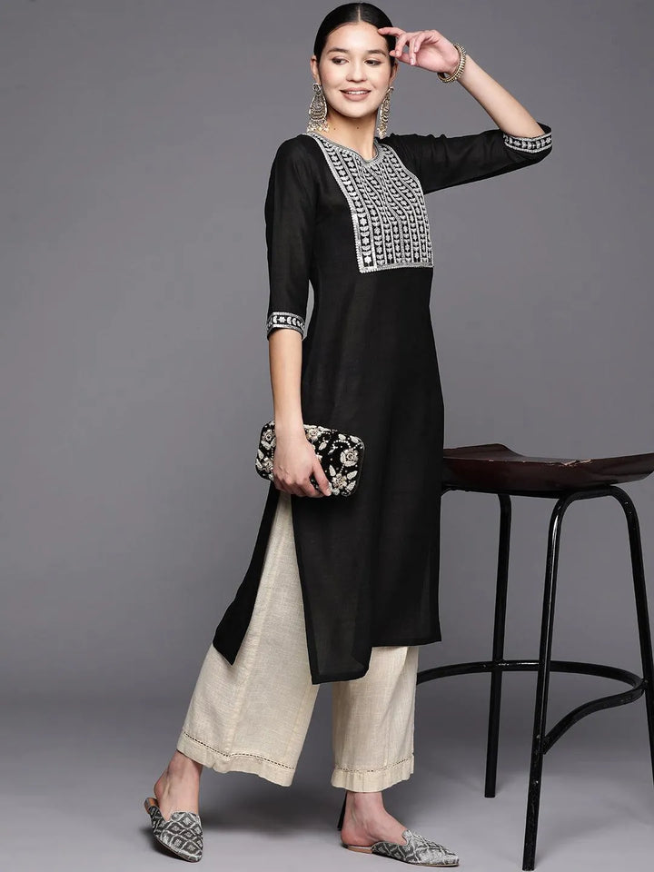 Black Yoke Design Silk Straight Kurta - Libas