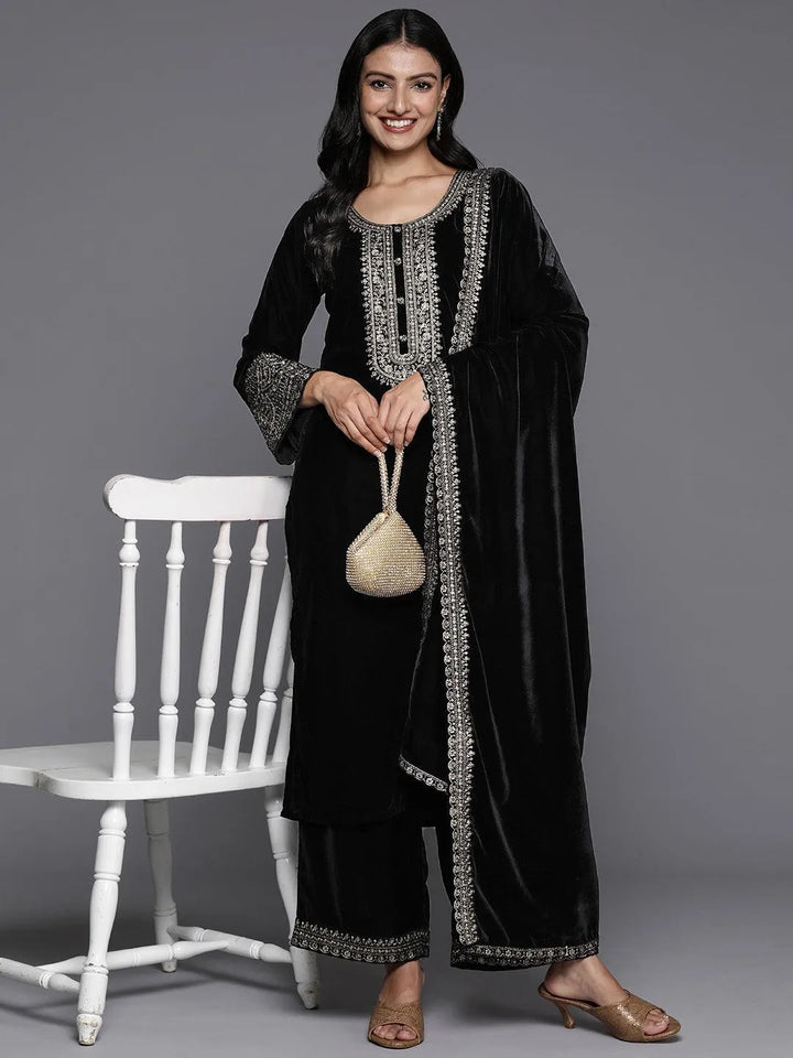 Black Yoke Design Velvet Straight Kurta With Palazzos & Dupatta - Libas