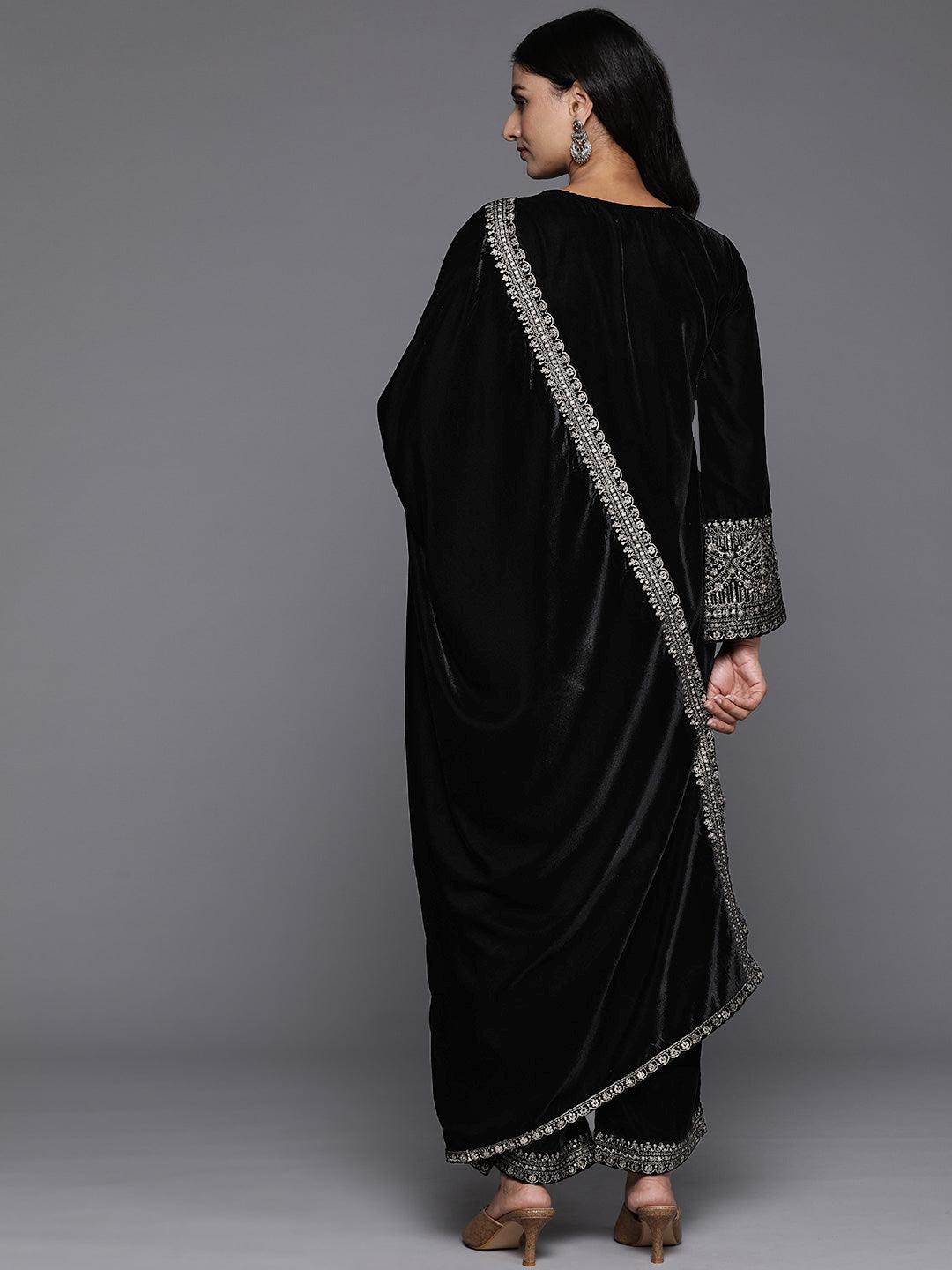 Black Yoke Design Velvet Straight Kurta With Palazzos & Dupatta - Libas