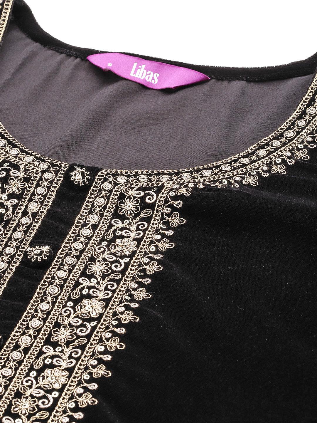 Black Yoke Design Velvet Straight Kurta With Palazzos & Dupatta - Libas