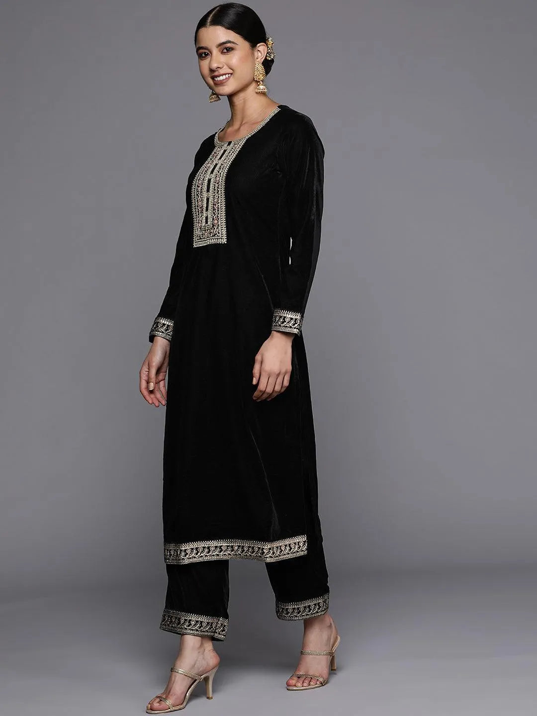 Black Yoke Design Velvet Straight Suit Set - Libas 