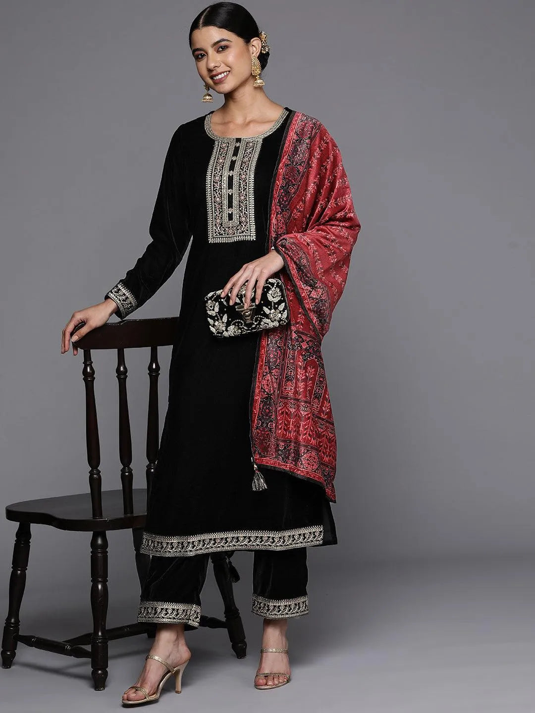 Black Yoke Design Velvet Straight Suit Set - Libas