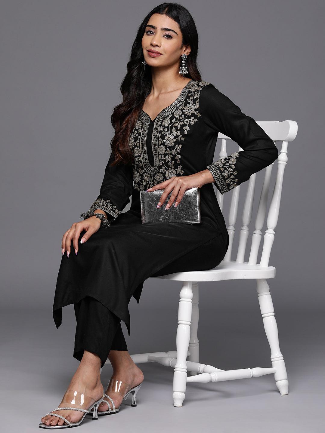 Black Yoke Design Wool Blend Straight Kurta With Palazzos - Libas