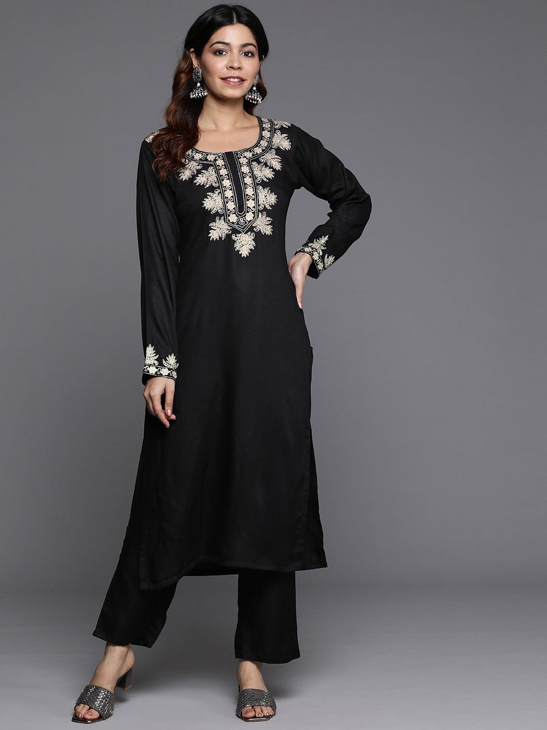 Black Yoke Design Wool Blend Straight Kurta With Palazzos - Libas