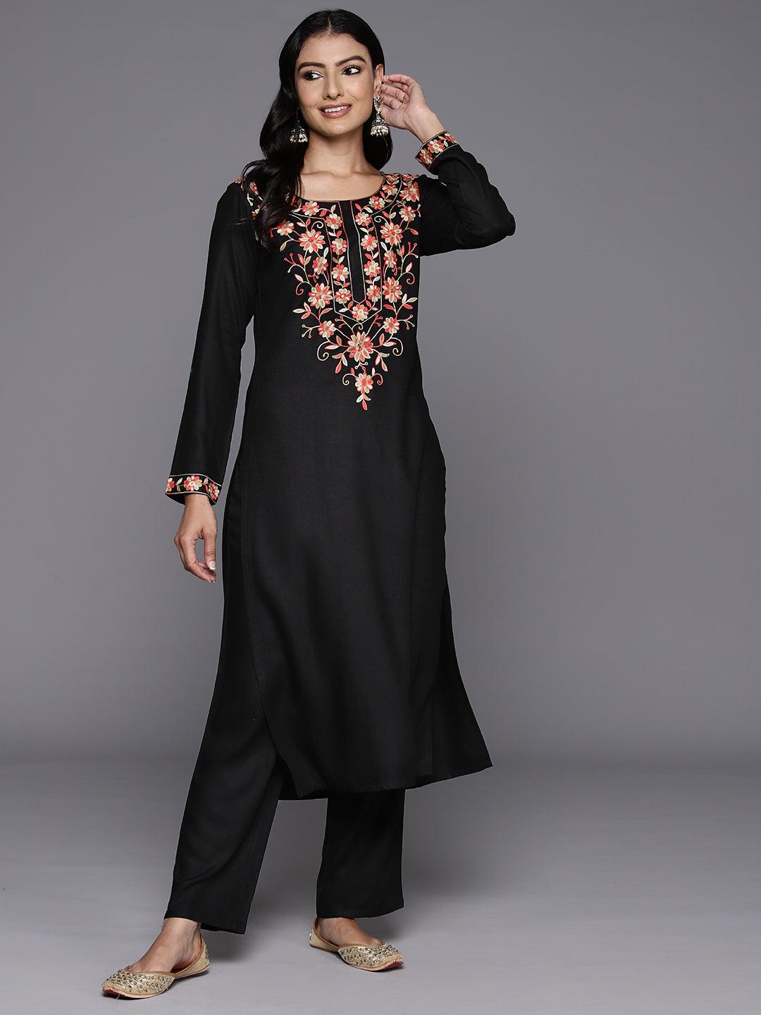 Black Yoke Design Wool Blend Straight Kurta With Palazzos - Libas