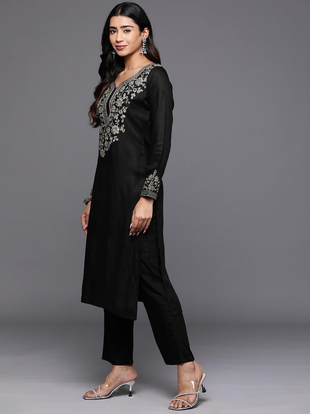 Black Yoke Design Wool Blend Straight Kurta With Palazzos - Libas