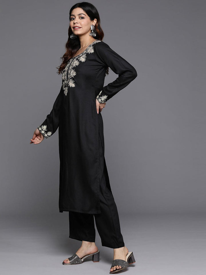 Black Yoke Design Wool Blend Straight Kurta With Palazzos - Libas